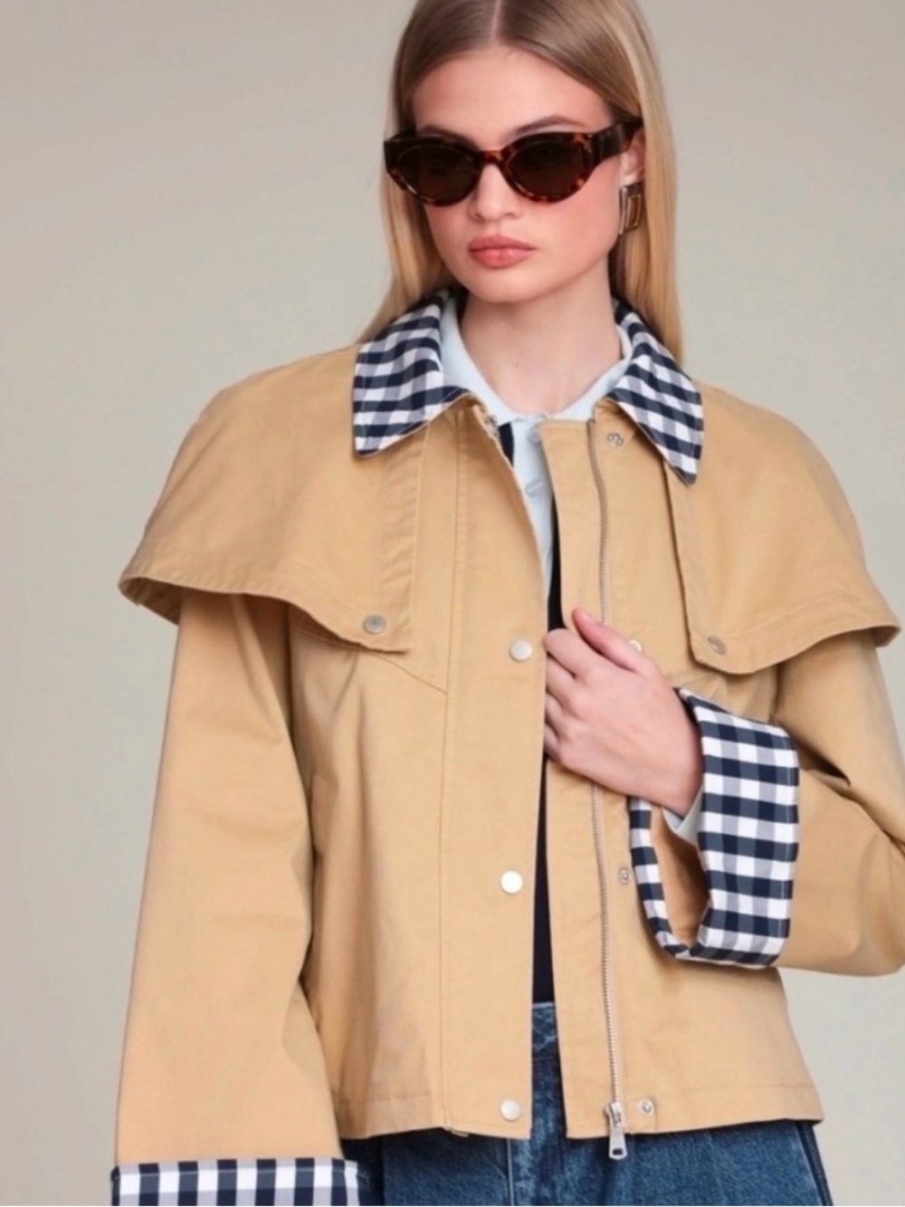 AVEC LES FILLES GINGHAM-TRIM CAPE JACKET